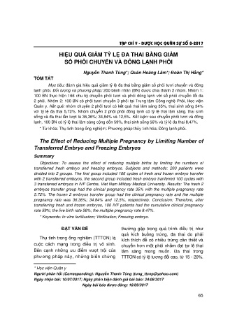 Hiệu quả giảm tỷ lệ đa thai bằng giảm số phôi chuyển và đông lạnh phôi