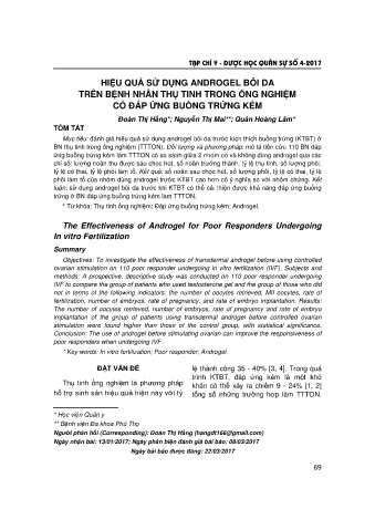 Hiệu quả sử dụng androgel bôi da trên bệnh nhân thụ tinh trong ống nghiệm có đáp ứng buồng trứng kém