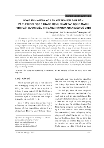 Hoạt tính anti - xa ở lần xét nghiệm đầu tiên và theo dõi dọc 3 tháng bệnh nhân tắc động mạch phổi cấp được điều trị bằng rivaroxaban liều cố định