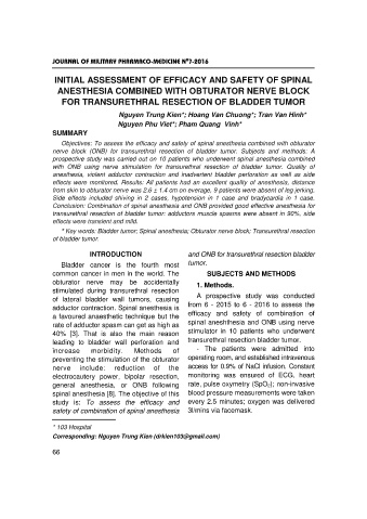Initial assessment of efficacy and safety of spinal anesthesia combined with obturator nerve block for transurethral resection of bladder tumor