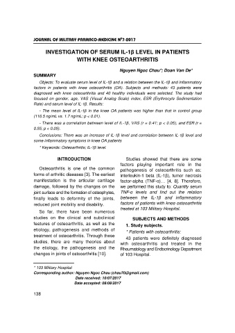 Investigation of serum IL - 1β level in patients with knee osteoarthritis