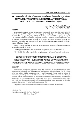 Kết hợp gây tê tủy sống - Ngoài màng cứng liên tục bằng bupivacain và sufentanil để giảm đau trong và sau phẫu thuật cắt tử cung qua đường bụng