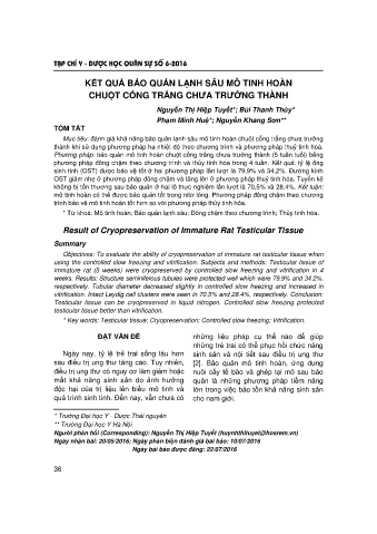 Kết quả bảo quản lạnh sâu mô tinh hoàn chuột cống trắng chưa trưởng thành