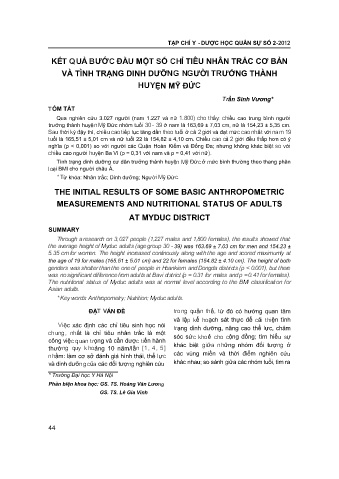 Kết quả bước đầu một số chỉ tiêu nhân trắc cơ bản và tình trạng dinh dưỡng người trưởng thành huyện Mỹ Đức