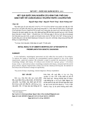 Kết quả bước đầu nghiên cứu hình thái phôi sau sinh thiết để chẩn đoán di truyền trước chuyển phôi