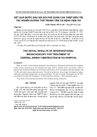 Kết quả bước đầu nội soi phế quản can thiệp điều trị tắc nghẽn đường thở trung tâm tại bệnh viện 103