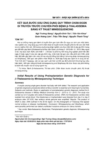 Kết quả bước đầu ứng dụng quy trình chẩn đoán di truyền trước chuyển phôi bệnh β - thalassemia bằng kỹ thuật minisequencing