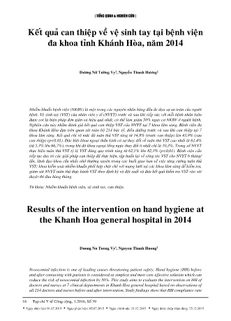 Kết quả can thiệp về vệ sinh tay tại bệnh viện đa khoa tỉnh Khánh Hòa, năm 2014