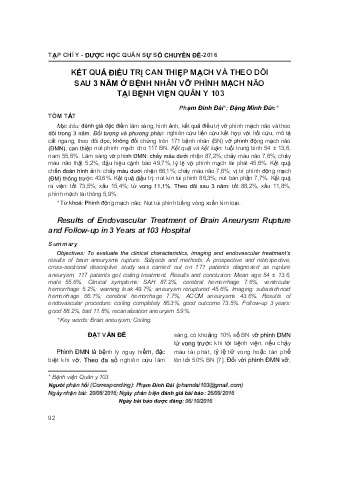Kết quả điều trị can thiệp mạch và theo dõi sau 3 năm ở bệnh nhân vỡ phình mạch não tại bệnh viện quân y 103