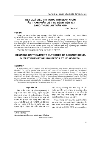 Kết quả điều trị ngoại trú bệnh nhân tâm thần phân liệt tại bệnh viện 103 bằng thuốc an thần kinh