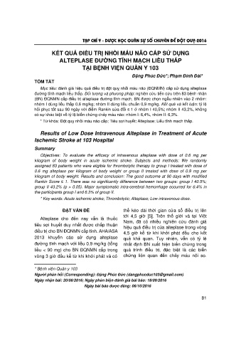 Kết quả điều trị nhồi máu não cấp sử dụng alteplase đường tĩnh mạch liều thấp tại bệnh viện quân y 103