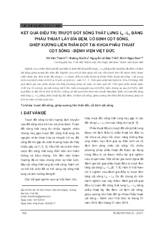 Kết quả điều trị trượt đốt sống thắt lưng L4 - L5 bằng phẫu thuật lấy đĩa đệm, cố định cột sống, ghép xương liên thân đốt tại khoa phẫu thuật cột sống - Bệnh viện Việt Đức