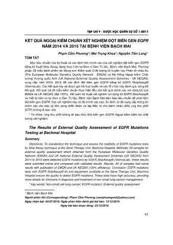 Kết quả ngoại kiểm chuẩn xét nghiệm đột biến gen egfr năm 2014 và 2015 tại bệnh viện Bạch Mai