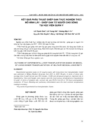 Kết quả phẫu thuật ghép gan thực nghiệm theo mô hình lấy - Ghép gan từ người cho sống tại học viện quân y