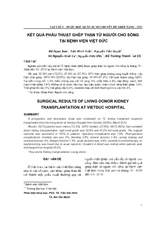 Kết quả phẫu thuật ghép thận từ người cho sống tại bệnh viện Việt Đức