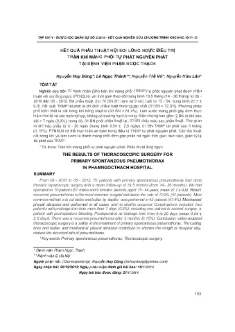 Kết quả phẫu thuật nội soi lồng ngực điều trị tràn khí màng phổi tự phát nguyên phát tại bệnh viện Phạm Ngọc Thạch