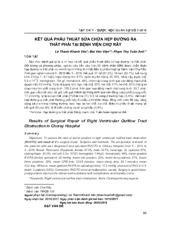 Kết quả phẫu thuật sửa chữa hẹp đường ra thất phải tại bệnh viện chợ rẫy