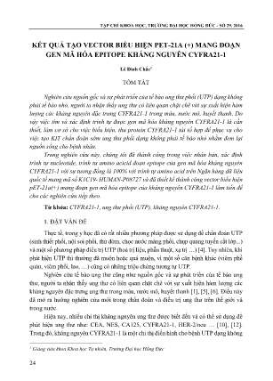 Kết quả tạo vector biểu hiện pet - 21A (+) mang đoạn gen mã hóa epitope kháng nguyên Cyfra21 - 1