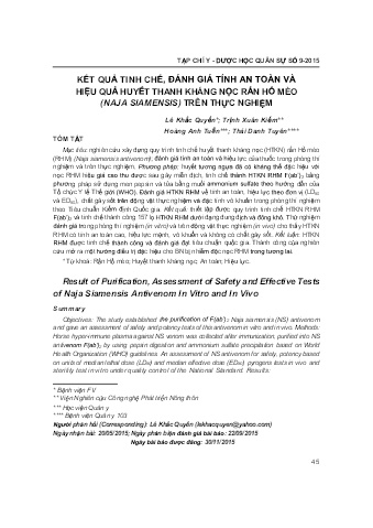 Kết quả tinh chế, đánh giá tính an toàn và hiệu quả huyết thanh kháng nọc rắn hổ mèo (naja siamensis) trên thực nghiệm