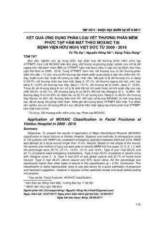 Kết quả ứng dụng phân loại vết thương phần mềm phức tạp hàm mặt theo Moxaic tại bệnh viện Hữu Nghị Việt Đức từ 2009 - 2016