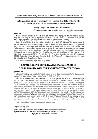 Kết quả ứng dụng phẫu thuật nội soi ổ bụng điều trị bảo tồn chấn thương thận có tổn thương đường bài tiết