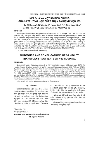 Kết quả và một số biến chứng qua 98 trường hợp ghép thận tại bệnh viện 103