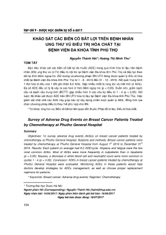 Khảo sát các biến cố bất lợi trên bệnh nhân ung thư vú điều trị hóa chất tại bệnh viện đa khoa tỉnh Phú Thọ