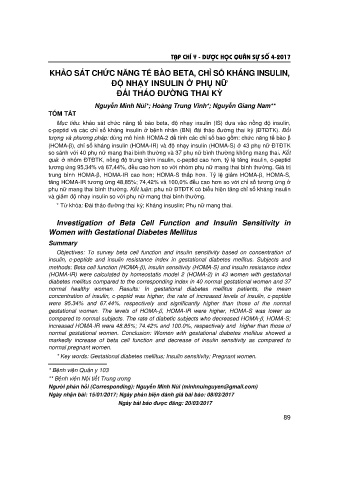 Khảo sát chức năng tế bào beta, chỉ số kháng insulin, độ nhạy insulin ở phụ nữ đái tháo đường thai kỳ