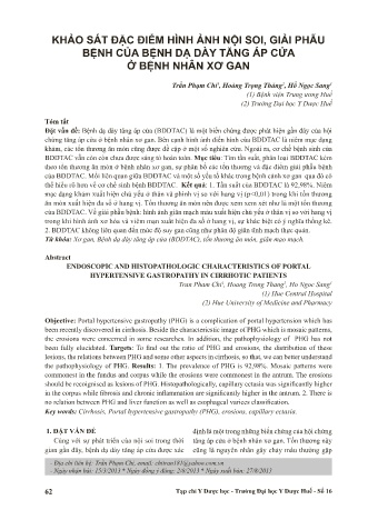 Khảo sát đặc điểm hình ảnh nội soi, giải phẫu bệnh của bệnh dạ dày tăng áp cửa ở bệnh nhân xơ gan