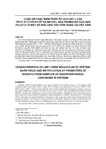 Khảo sát đặc điểm phân tử gen lmp-1 của virut epstein-barr và methyl hóa promoter của gen rassf1a ở một số mẫu ung thư vòm họng tại Việt Nam