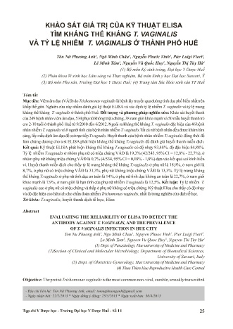 Khảo sát giá trị của kỹ thuật elisa tìm kháng thể kháng t. vaginalis và tỷ lệ nhiễm t. vaginalis ở Thành phố Huế