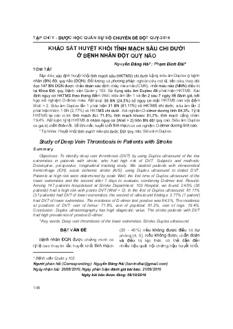 Khảo sát huyết khối tĩnh mạch sâu chi dưới ở bệnh nhân đột quỵ não