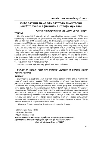 Khảo sát khả năng gắn sắt toàn phần trong huyết tương ở bệnh nhân suy thận mạn tính