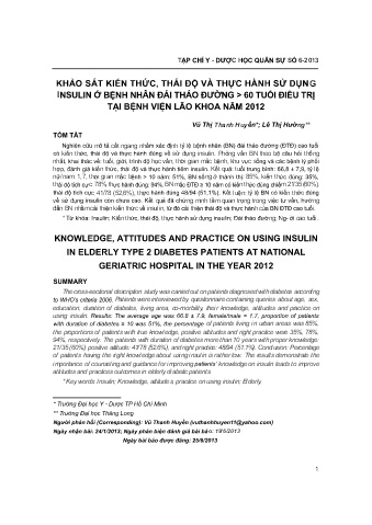 Khảo sát kiến thức, thái độ và thực hành sử dụng insulin ở bệnh nhân đái tháo đường > 60 tuổi điều trị tại bệnh viện lão khoa năm 2012