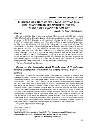 Khảo sát kiến thức về bệnh tăng huyết áp của bệnh nhân tăng huyết áp điều trị nội trú tại bệnh viện quân y 103 năm 2017