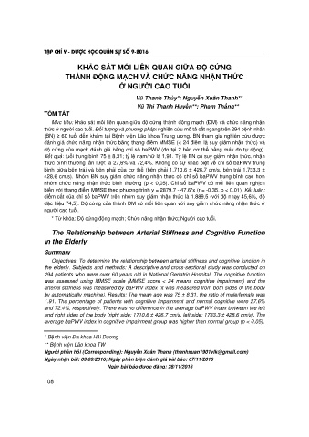 Khảo sát mối liên quan giữa độ cứng thành động mạch và chức năng nhận thức ở người cao tuổi