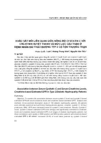 Khảo sát mối liên quan giữa nồng độ Cystatin c với creatinin huyết thanh và mức lọc cầu thận ở bệnh nhân đái tháo đường týp 2 có tổn thương thận