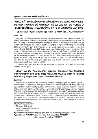 Khảo sát mối liên quan giữa nồng độ glucagon - like peptid - 1 với chỉ số khối cơ thể và các chỉ số homa2 ở bệnh nhân đái tháo đường týp 2 chẩn đoán lần đầu