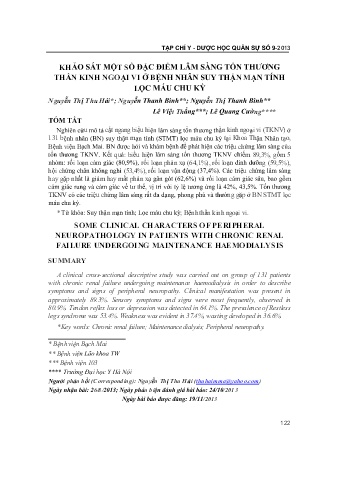Khảo sát một số đặc điểm lâm sàng tổn thương thần kinh ngoại vi ở bệnh nhân suy thận mạn tính lọc máu chu kỳ