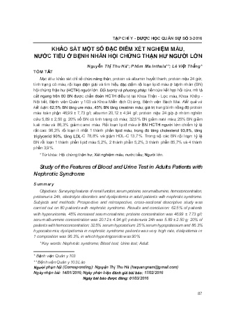 Khảo sát một số đặc điểm xét nghiệm máu, nước tiểu ở bệnh nhân hội chứng thận hư người lớn