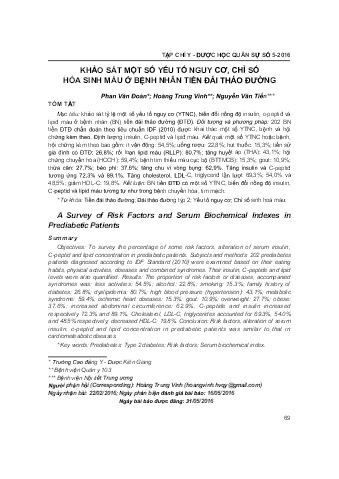 Khảo sát một số yếu tố nguy cơ, chỉ số hóa sinh máu ở bệnh nhân tiền đái tháo đường