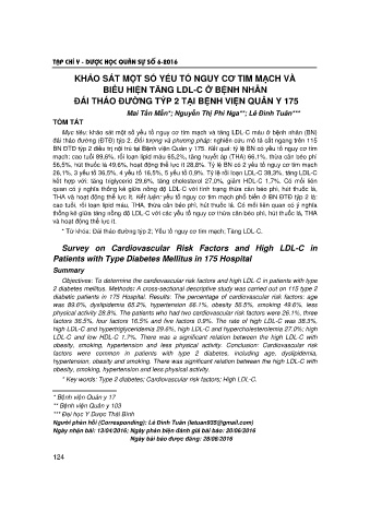 Khảo sát một số yếu tố nguy cơ tim mạch và biểu hiện tăng ldl - C ở bệnh nhân đái tháo đường týp 2 tại bệnh viện quân y 175