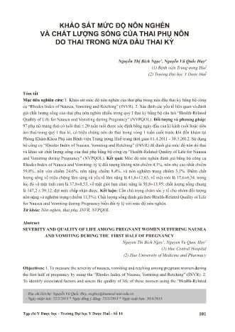 Khảo sát mức độ nôn nghén và chất lượng sống của thai phụ nôn do thai trong nửa đầu thai kỳ