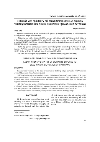 Khảo sát mức độ ô nhiễm chì trong môi trường lao động và tình trạng thâm nhiễm chì của thợ gốm sứ tại làng nghề Bát Tràng