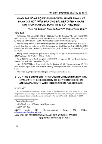 Khảo sát nồng độ erythropoietin huyết thanh và đánh giá mức giảm đáp ứng bài tiết ở bệnh nhân suy thận mạn giai đoạn iiib-iv có thiếu máu