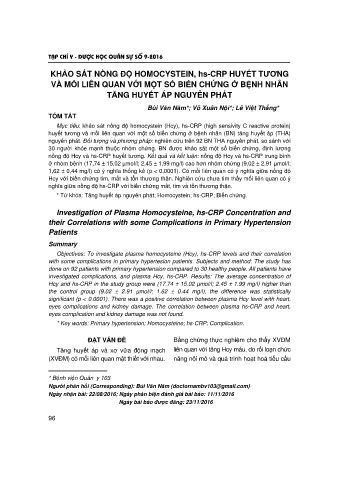 Khảo sát nồng độ homocystein, hs - crp huyết tương và mối liên quan với một số biến chứng ở bệnh nhân tăng huyết áp nguyên phát
