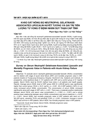 Khảo sát nồng độ neutrophil gelatinaseassociated lipocalin huyết tương và giá trị tiên lượng tử vong ở bệnh nhân suy thận cấp tính