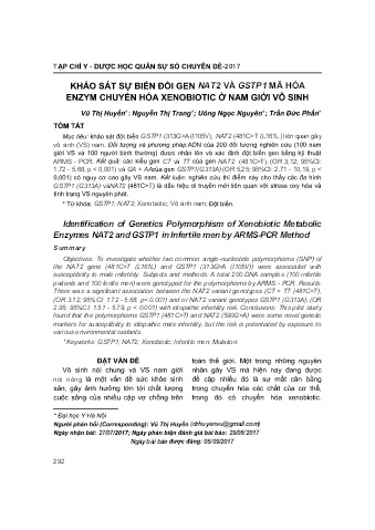 Khảo sát sự biến đổi gen nat2 và gstp1 mã hóa enzym chuyển hóa xenobiotic nam giới vô sinh