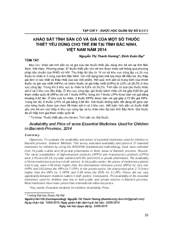 Khảo sát tính sẵn có và giá của một số thuốc thiết yếu dùng cho trẻ em tại tỉnh Bắc Ninh, Việt Nam năm 2014