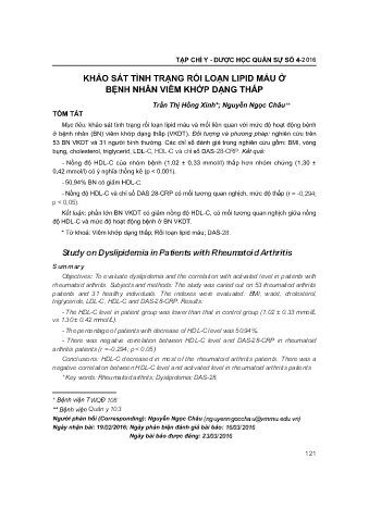 Khảo sát tình trạng rối loạn lipid máu ở bệnh nhân viêm khớp dạng thấp